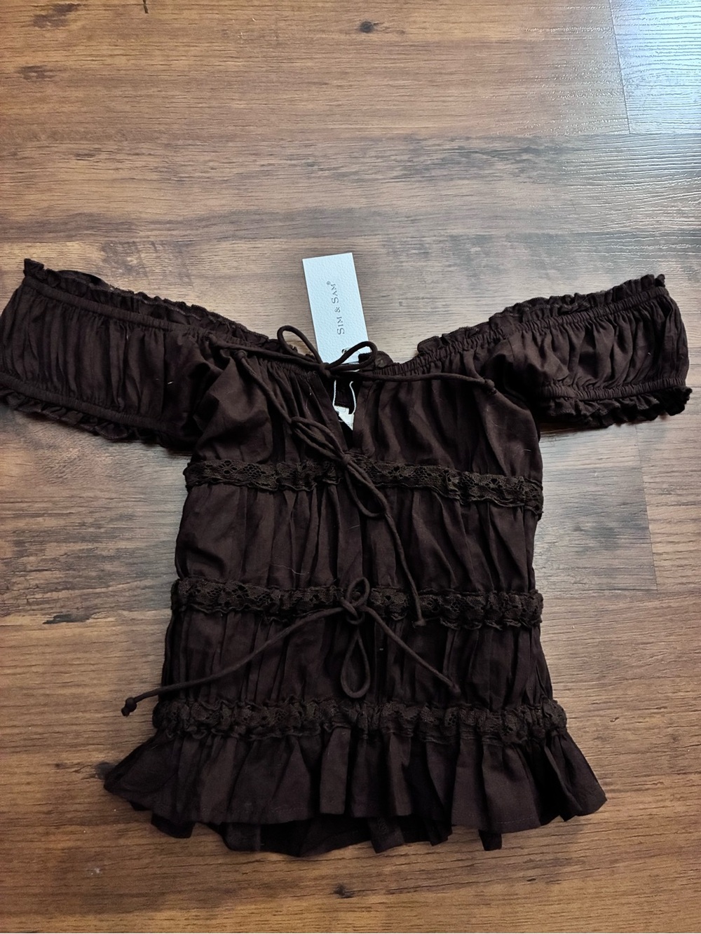 Off-Shoulder Brown Peasant Top by Sim & Sam